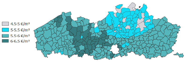 Kaart van Vlaanderen met waterprijs per gemeente